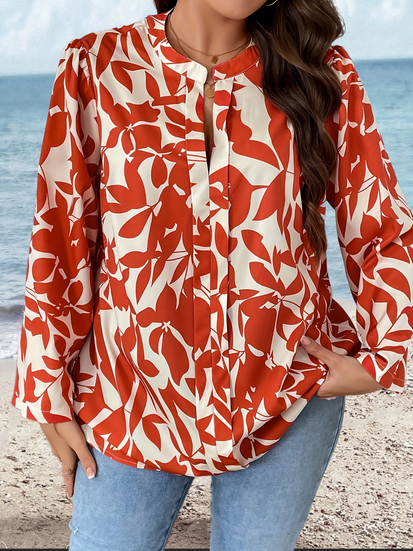 Floral Print Puff Sleeve Notched Neck Blouse
