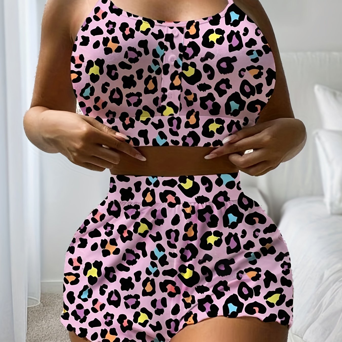 Casual Pajama Set Women's Plus Leopard Print Cami Top & Shorts