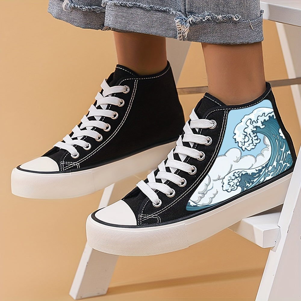 Women's High Top Canvas Skate Shoes with Wave Graphic
