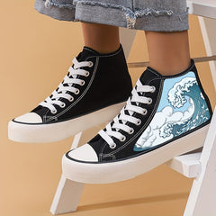 Women's High Top Canvas Skate Shoes with Wave Graphic