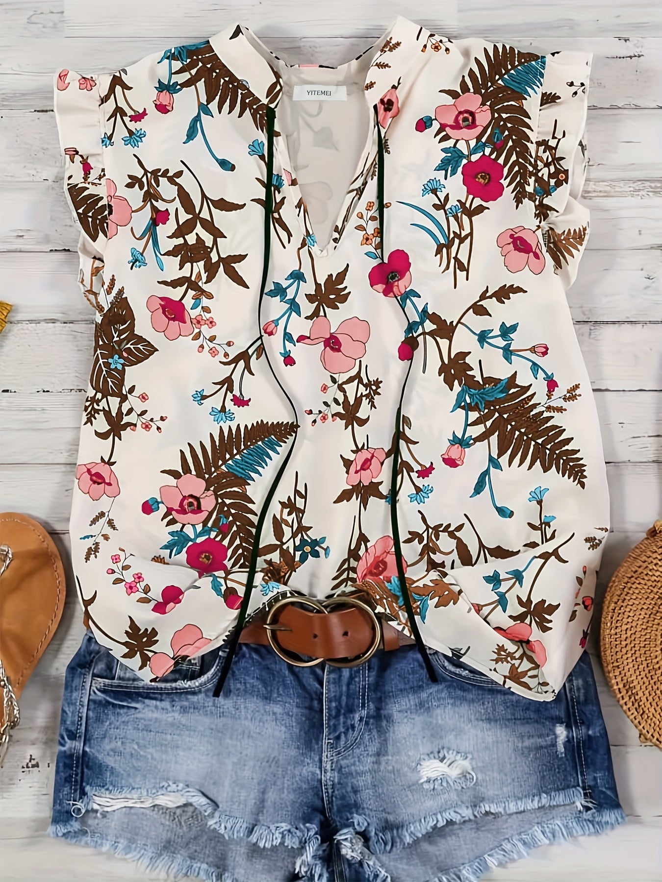 Women's Plus Floral Print Ruffle Sleeve Notched Neck Keyhole Tie Top