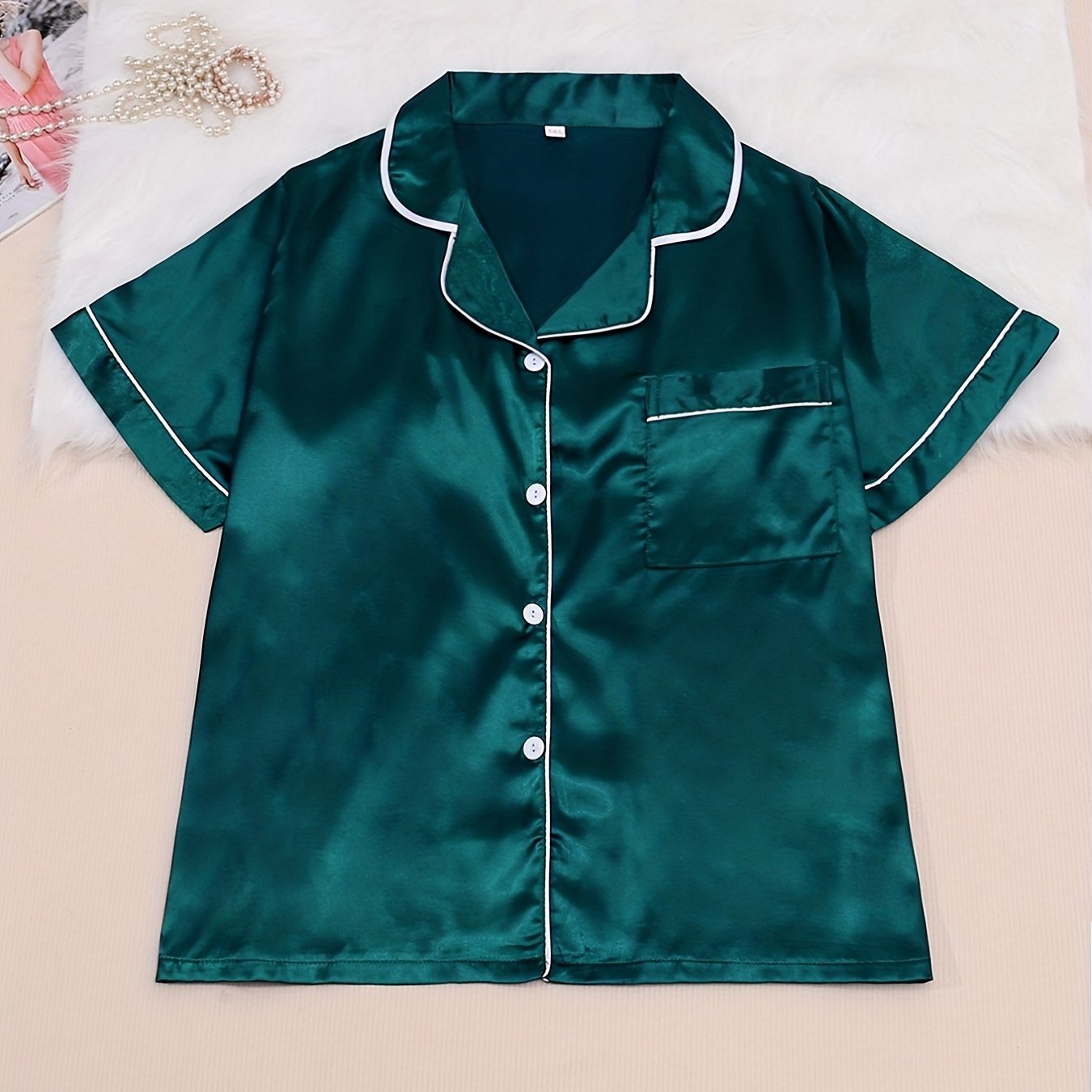 Pajama Set Women's Plus Short Sleeve Button Front Pajama Tops & Pants