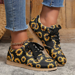 Women's Sunflower Pattern Sneakers Casual Lace Up Outdoor Shoes