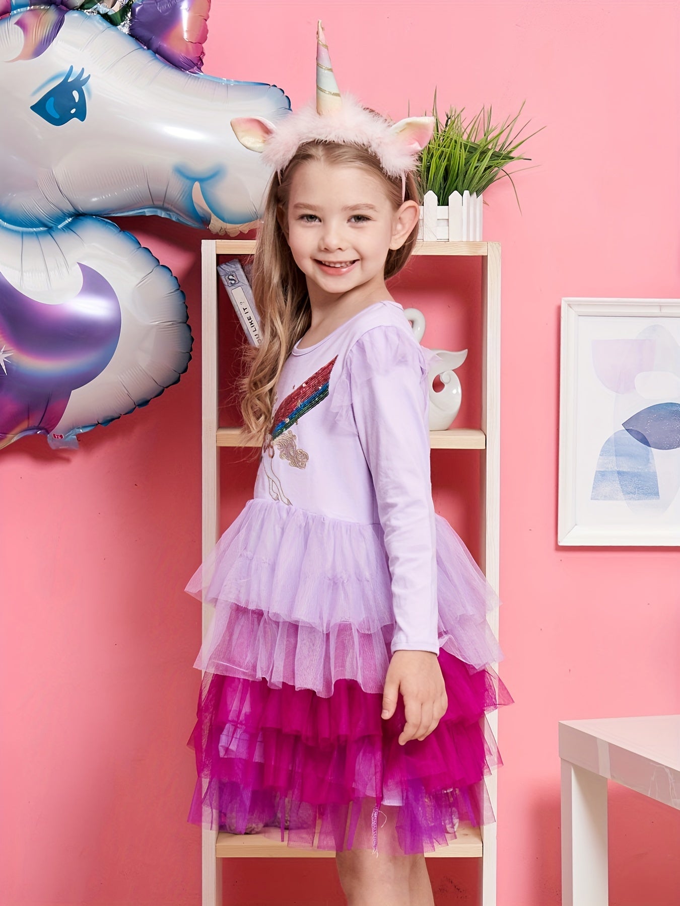 Girls Unicorn Party Princess Dress Long Sleeve Autumn Outfit