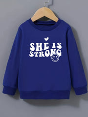 Girls Strong Smile Pattern Sweatshirt Round Neck Long Sleeve Top Pullover