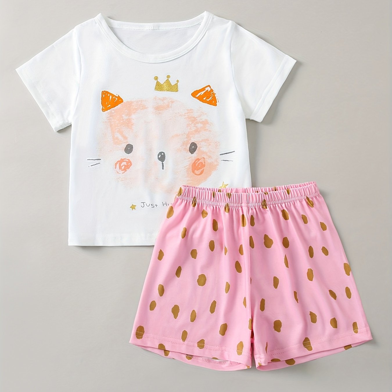 Girl's 2pcs Pajamas Set Cartoon Cat & Polka Dot Print Loungewear
