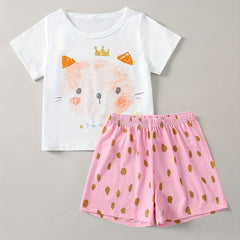 Girl's 2pcs Pajamas Set Cartoon Cat & Polka Dot Print Loungewear