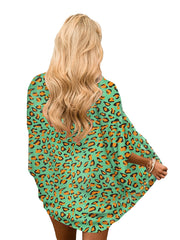 Green Leopard Print Chiffon Blouse V Neck Sheer Long Sleeve Cover Up Shirt
