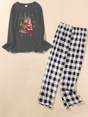 Christmas Lounge Set Elk & Snowflake Print Long Sleeve Tee & Plaid Pan