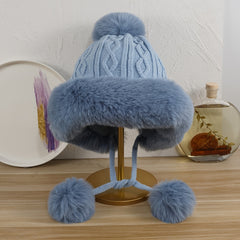 Rabbit Fur Knitted Ball Plush Thick Hat Solid Ear Protection Wool Hat