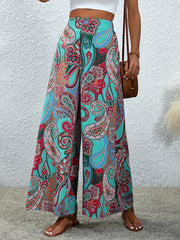 Paisley Print Wide Leg Pants Elastic Waist Casual Pants