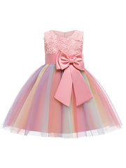 Girls Sleeveless Puffy Princess Dress Gown Flowers Bow Rainbow Tulle Dress