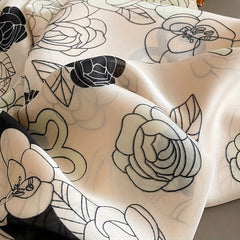 Camellia Print Large Satin Silk Scarf Shawl