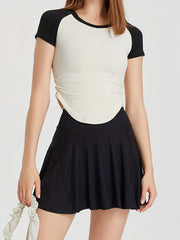 Women's Casual Raglan Shoulder Short Sleeve Patchwork Sports Top