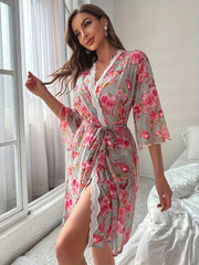 Floral Mesh Night Robe Lace V Neck Robe