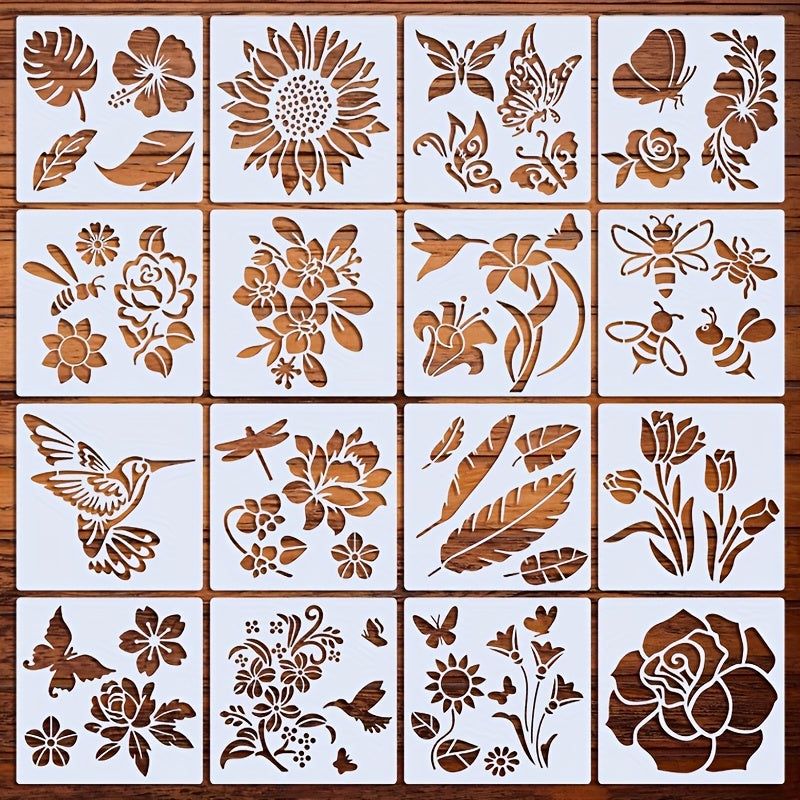 16pcs Reusable Floral Stencils Sunflower Bee Butterfly Painting Stencils