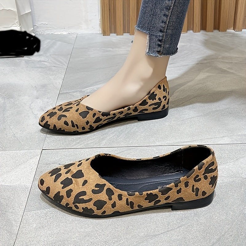 Leopard Print Ballet Flats Pointed Toe Soft Sole Micro Suede Shoes