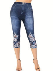Floral Print Skinny Capris Leggings Casual Crop Leggings