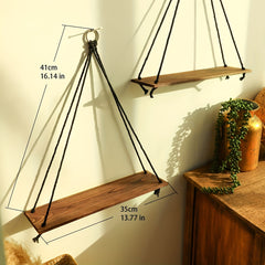 Bohemian Wooden Wall Hanging Shelf - Rustic Macrame Plant Shelf