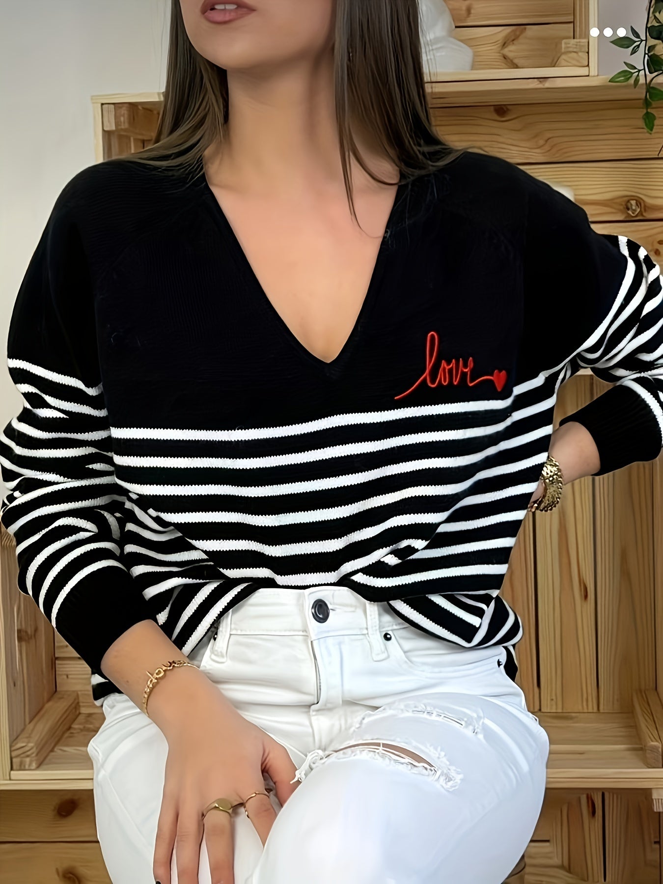 Striped V Neck Pullover Sweater Long Sleeve Casual Spring Fall