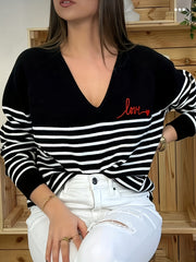 Striped V Neck Pullover Sweater Long Sleeve Casual Spring Fall