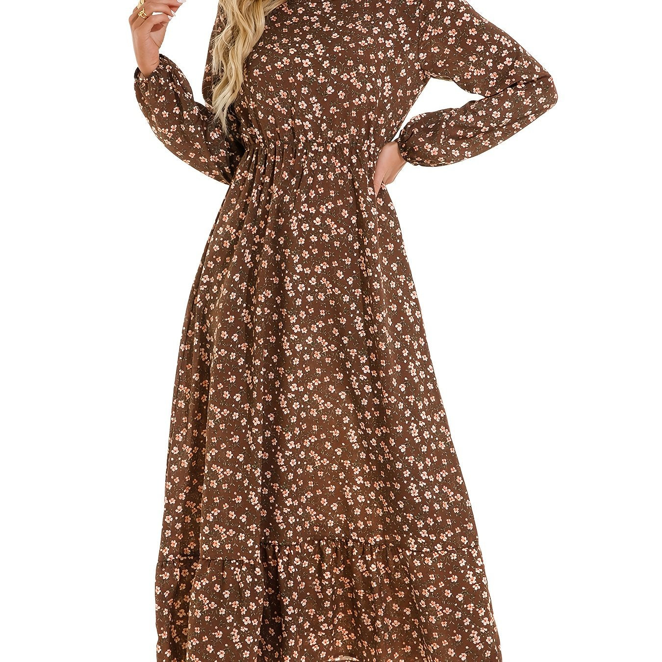 Floral Print Crew Neck Dress Boho Long Sleeve Dress