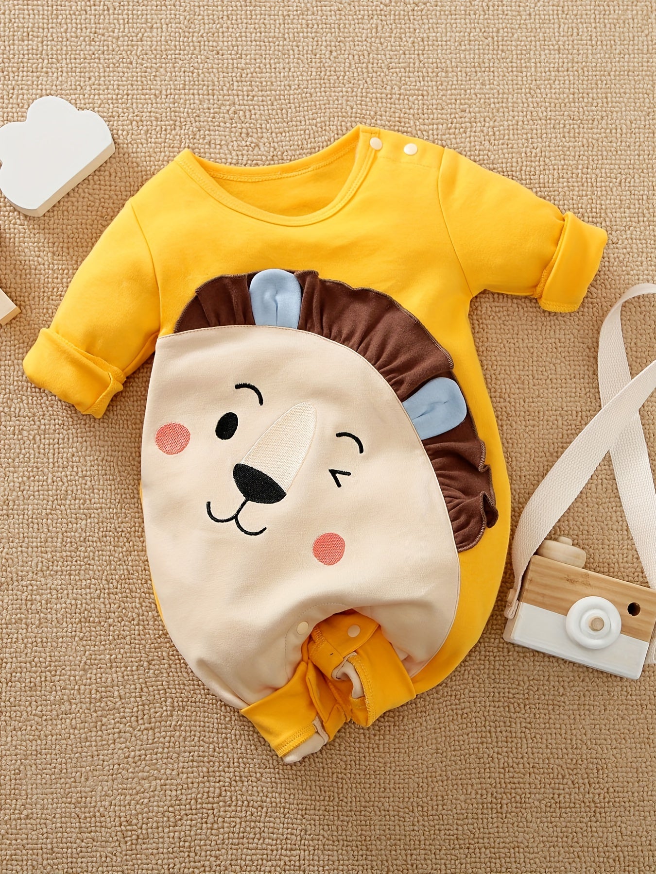 Lion Printed Long-sleeved Cotton Bodysuit with 3D Ears