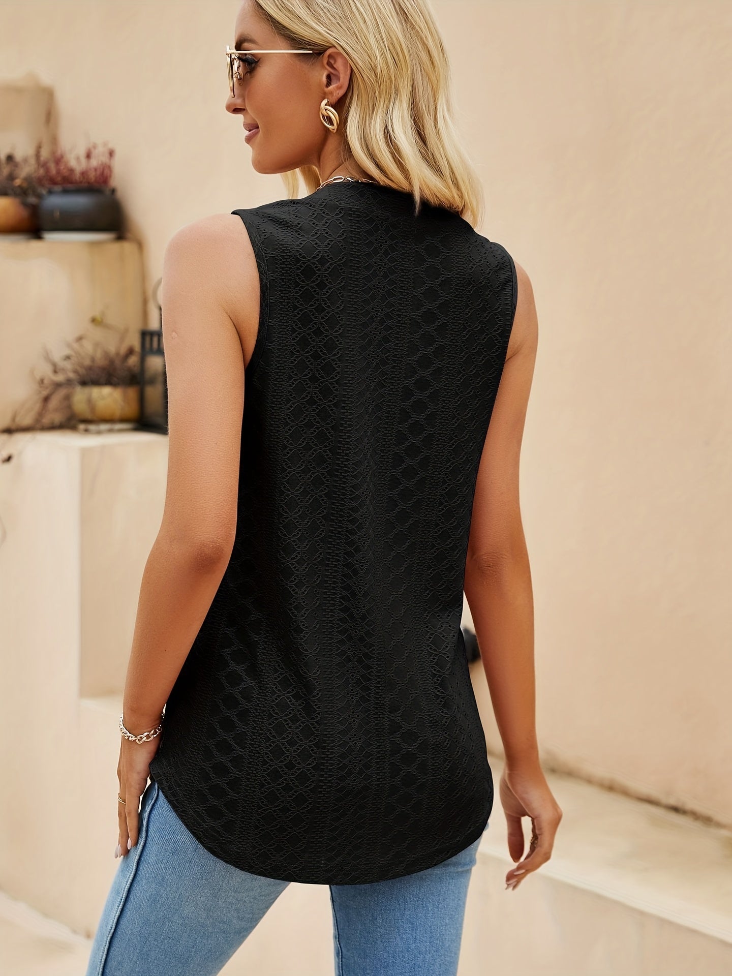 Eyelet Embroidered V Neck Tank Top Sleeveless Summer Casual Women's Tank
