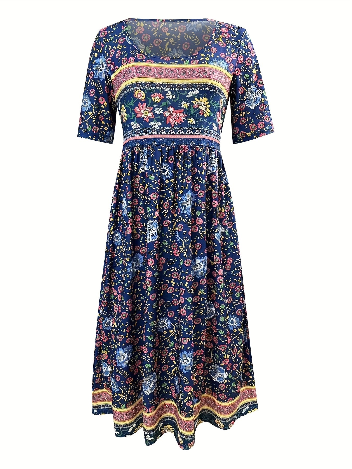 Boho Floral Print Ruched Dress with Pockets