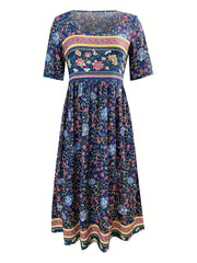 Boho Floral Print Ruched Dress with Pockets