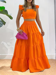 Ruffle Trim Crop Top & Maxi Skirts Set Women's Clothing