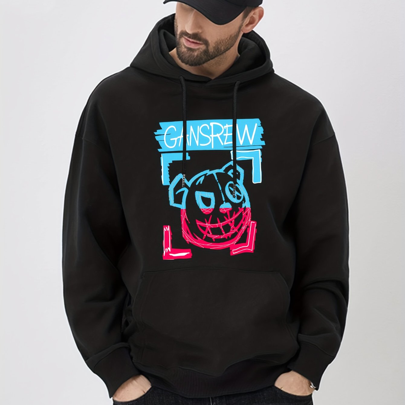 Evil Bear Print Hoodie Men's Graphic Pullover Hooded Sweatshirt