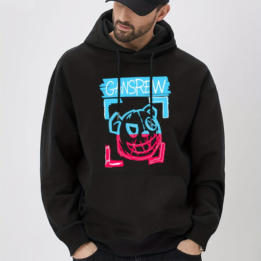 Evil Bear Print Hoodie Men's Graphic Pullover Hooded Sweatshirt
