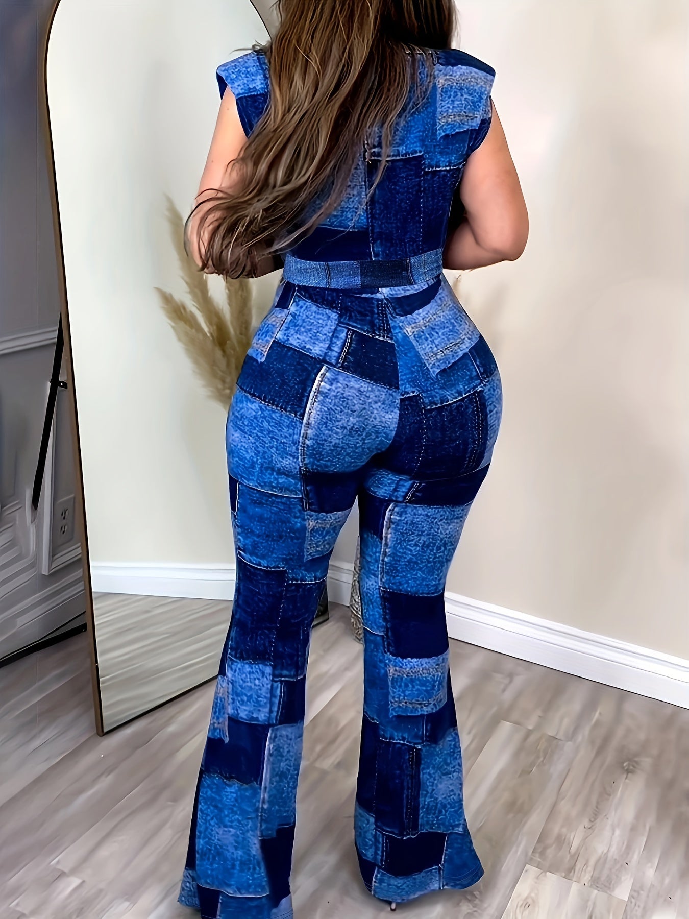 Denim Print V Neck Jumpsuit With Belt