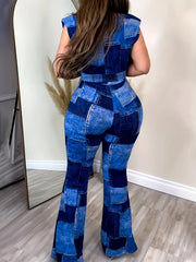 Denim Print V Neck Jumpsuit With Belt