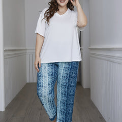 Colorblock Short Sleeve Tee & Tie Dye Print Pajama Set