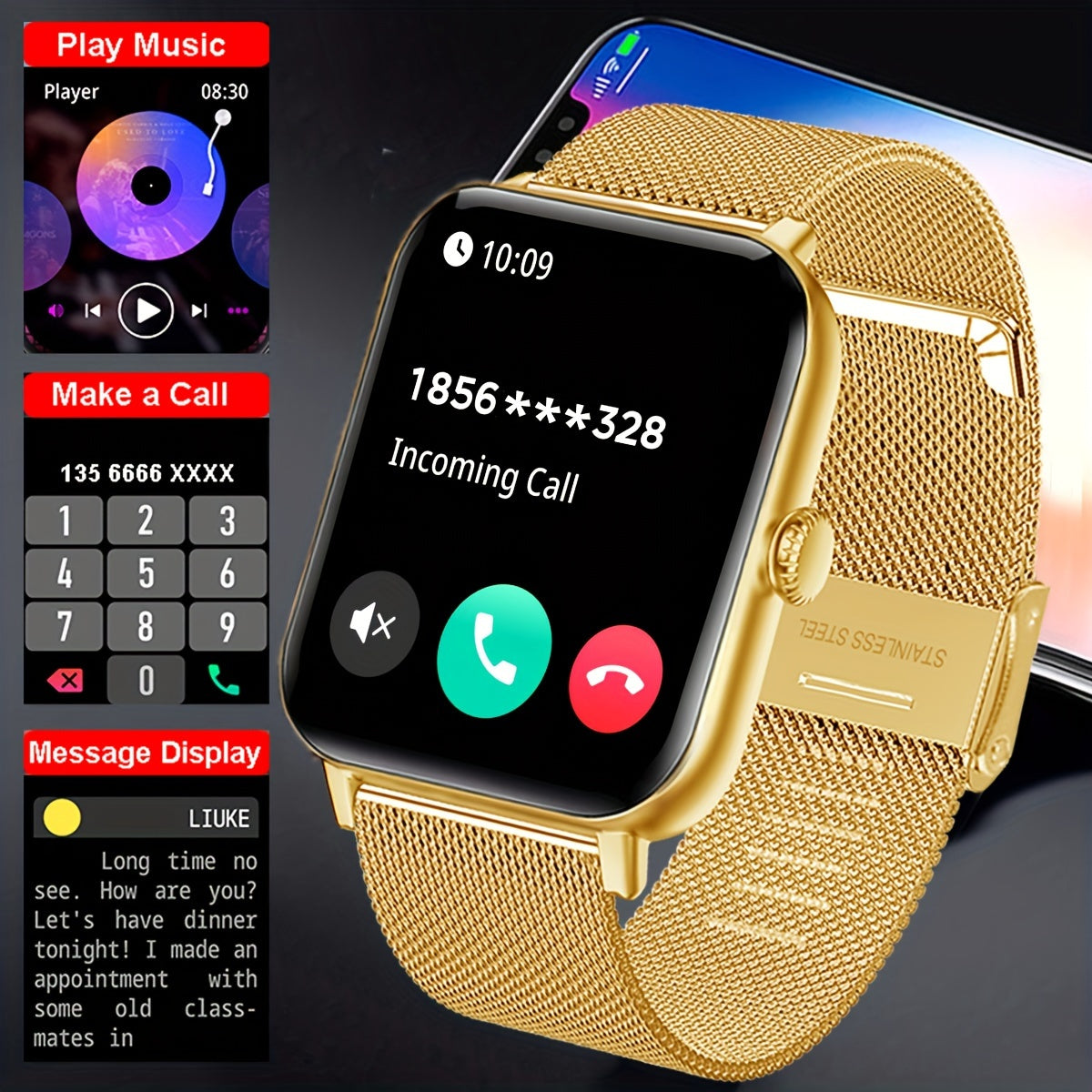 COIUSOR Smart Watch 4 HD Display Golden Tone Mesh Band