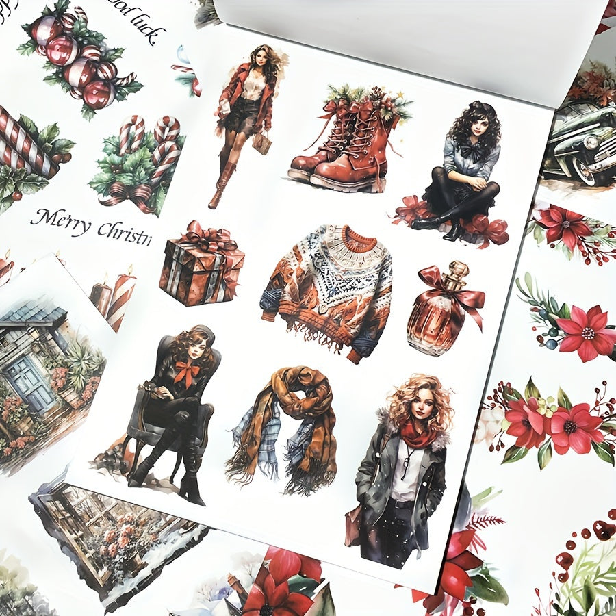 Winter Christmas Sticker Book Large Size Vintage Flower PET Paper Stickers