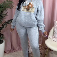 Women's Plus Bear & Money Print Hoodie & Sweatpants Set