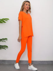 2pcs Casual Sports Suits Short Sleeve Crew Neck T shirts & Leggings Sets