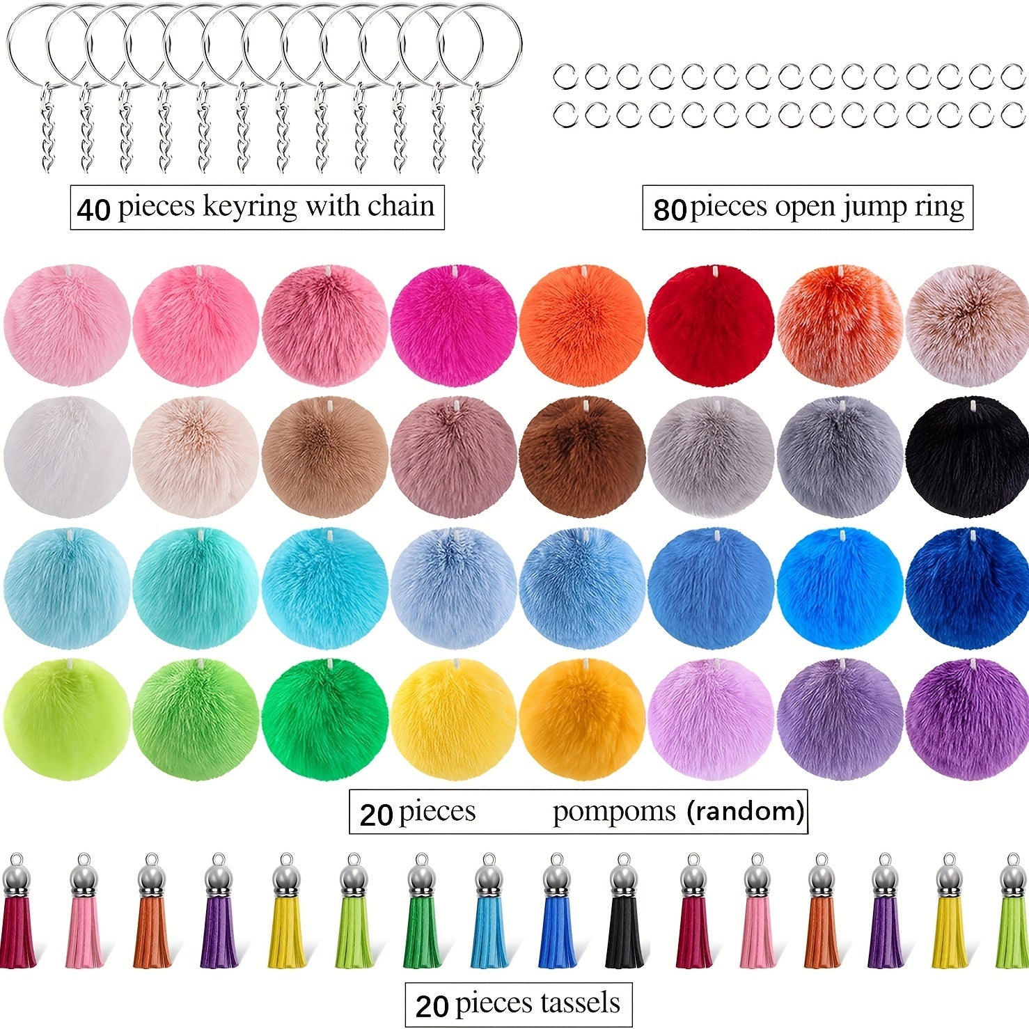 80pcs Faux Fur Ball Keychain Set With Tassel