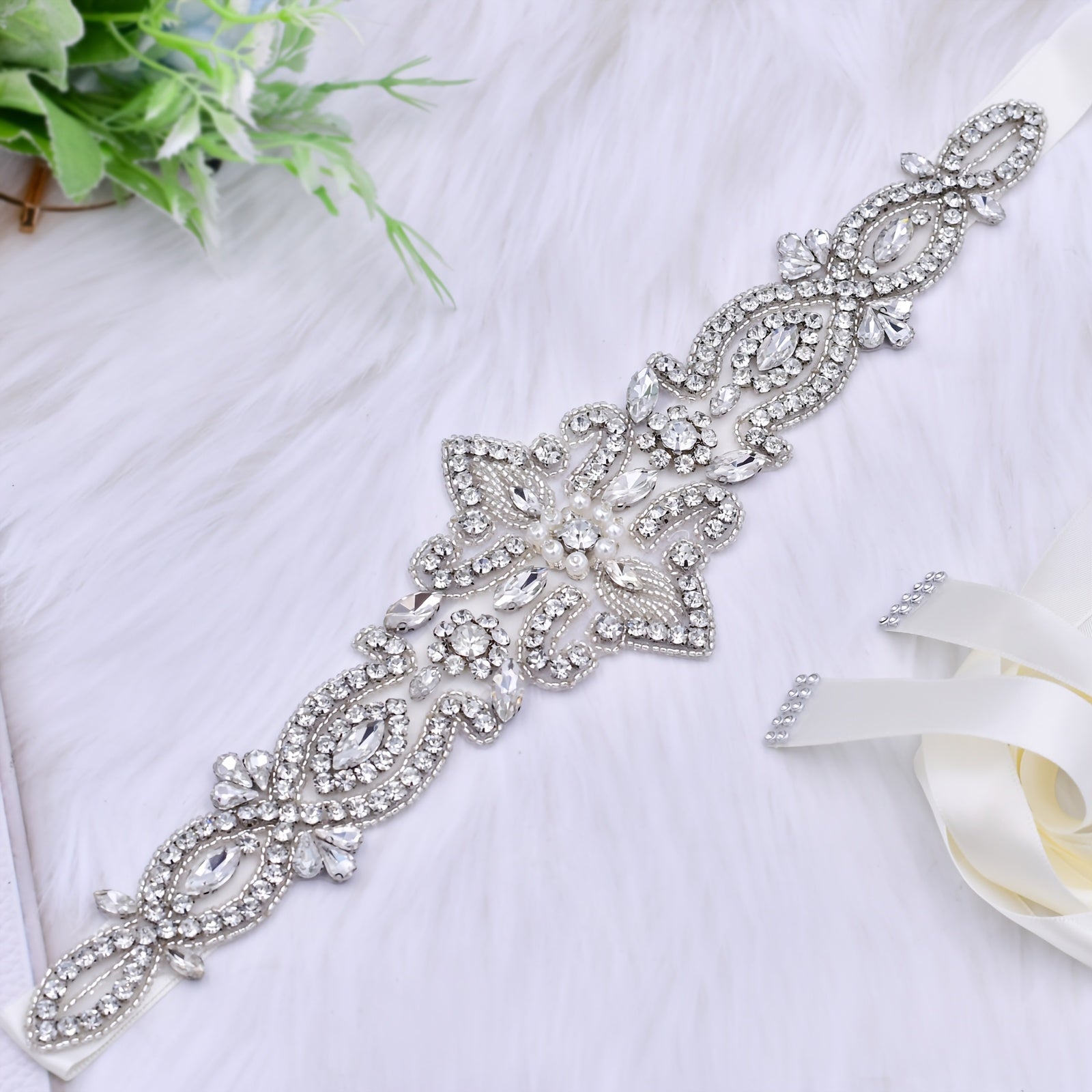 Rhinestone Bridal Sash Faux Pearl Wedding Waistband