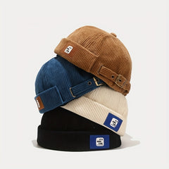 Unisex Corduroy No Brim Beanie Hat With Label Letter Style