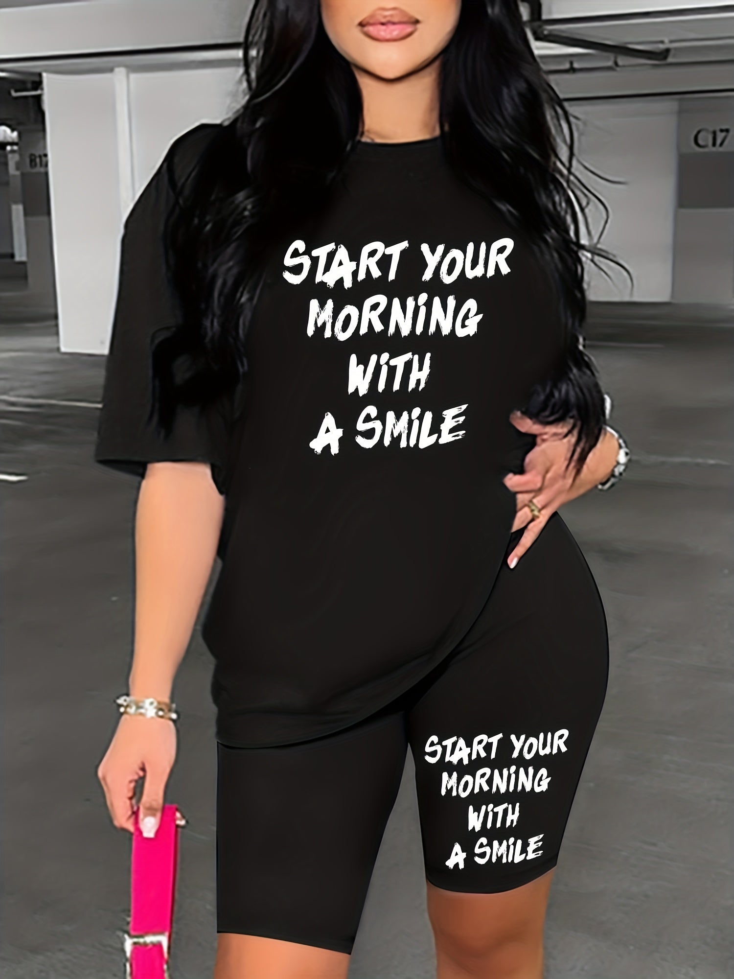 Casual Two-piece Set Crew Neck Short Sleeve Tee & Slim Shorts