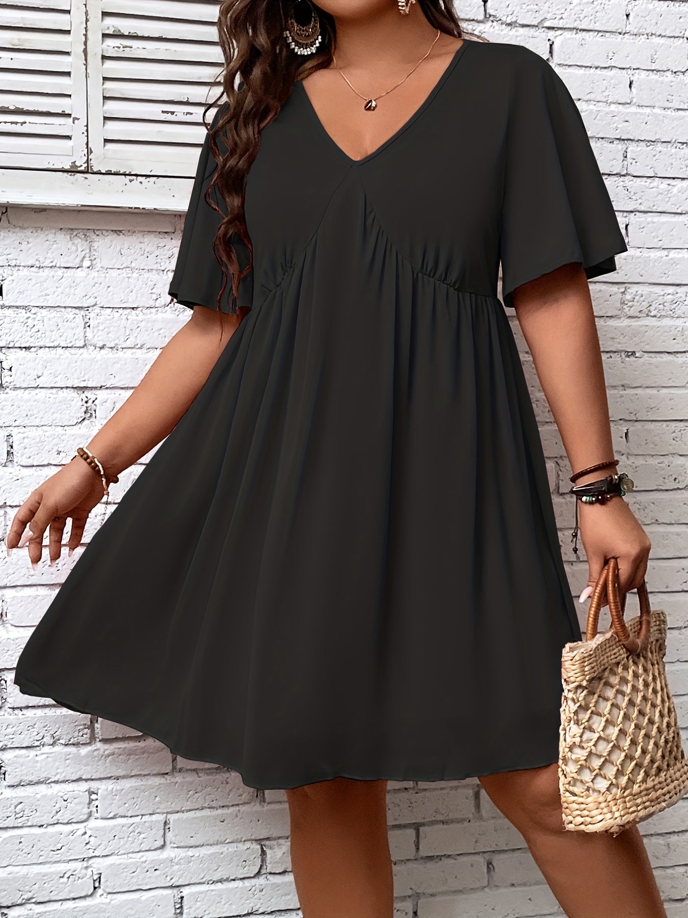 Casual Dress Solid V Neck Short Sleeve Ruched Dress
