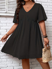 Casual Dress Solid V Neck Short Sleeve Ruched Dress