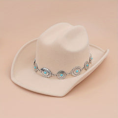 Turquoise Chain Decor Fedora Cap Solid Boho Jazz Hat Unisex Cowgirl Felt Hat