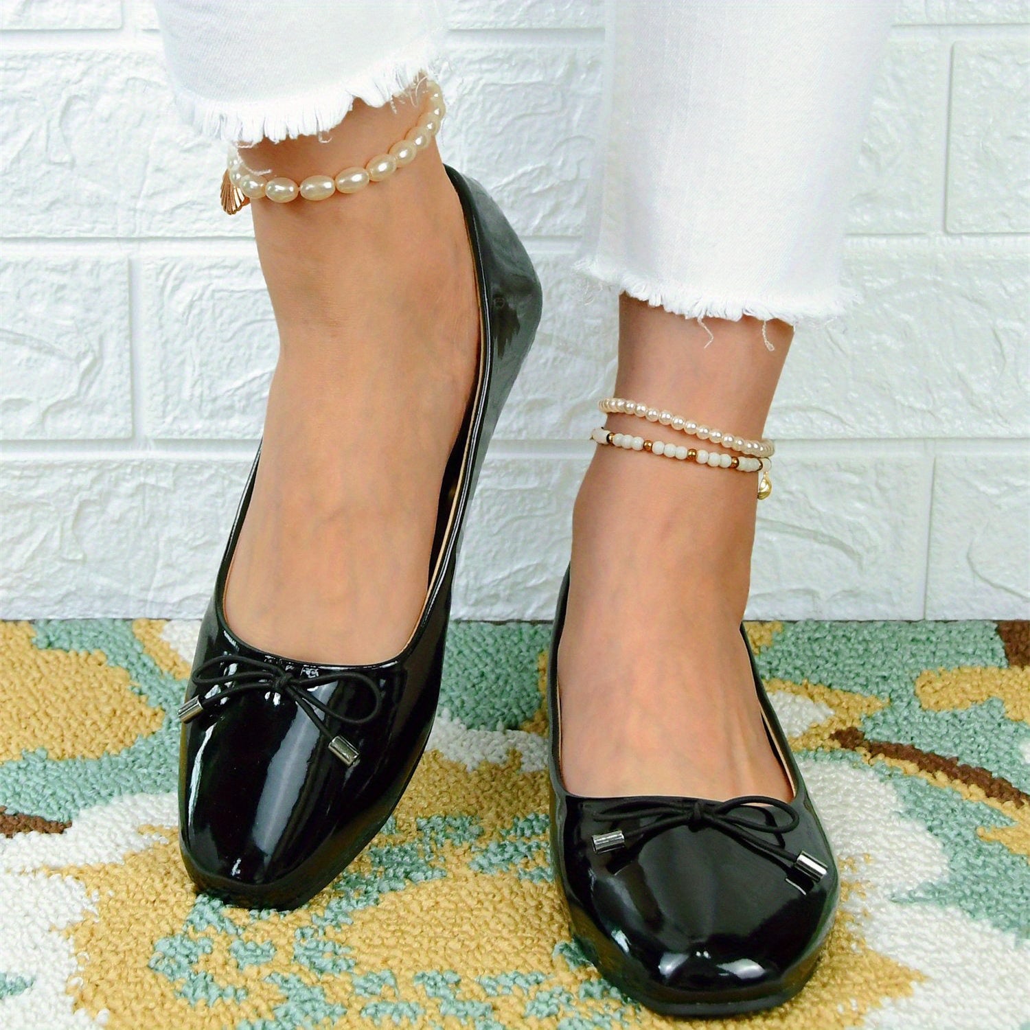 Women's Bowknot Ballet Flats Square Toe Slip On Patent Leather Shoes