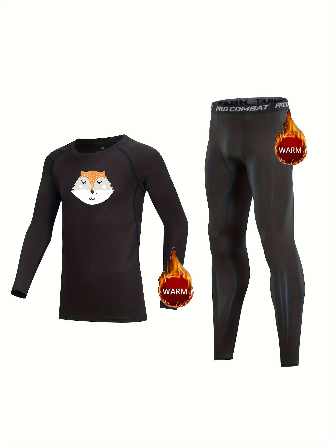 2pcs Kids Compression Fleece Sets Cartoon Fox Pattern Crew Neck Pullover