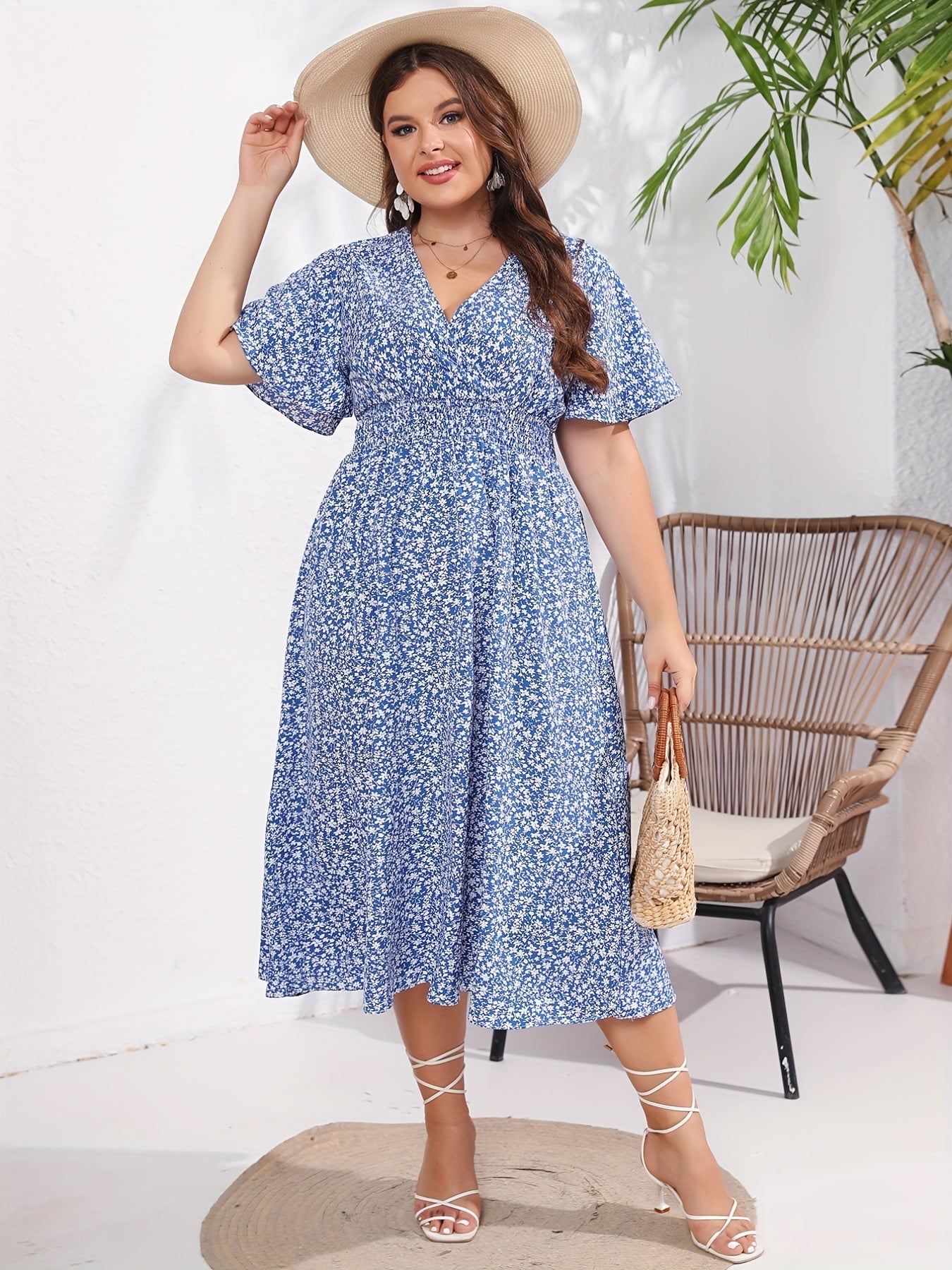 Boho Dress Women's Plus Floral Print Short Sleeve V Neck Dress